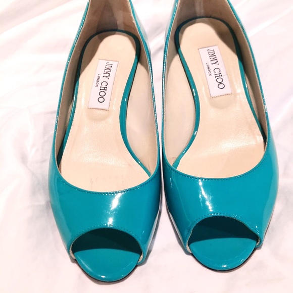 JIMMY CHOO TURQUOISE Baxen Peeptoe Patent Wedges - Picture 2 of 5